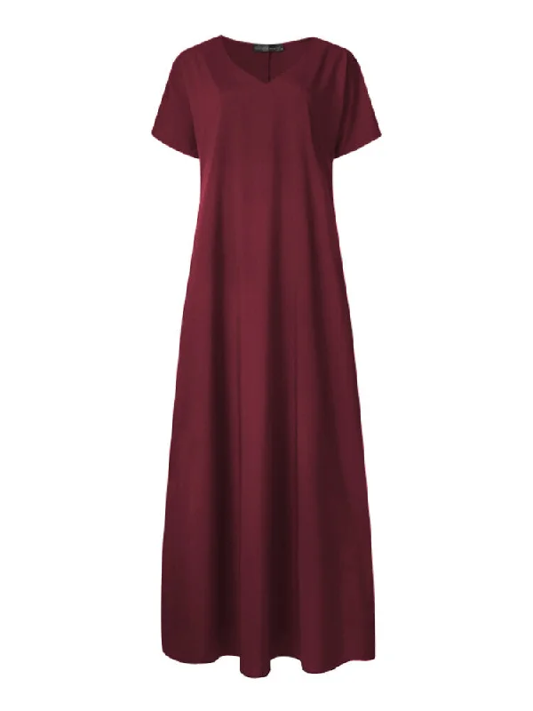 Simple Style Pure Color V-neck Short Sleeve Elegant Pockets Women Maxi Dress Comfortable Long-Sleeve Maxi Dress Simple Style Pure Color V-neck Short Sleeve Elegant Pockets Women Maxi Dress Comfortable Long-Sleeve Maxi Dress