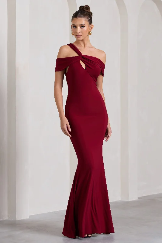 Captivating | Berry Red Strappy Asymmetric Cut-Out Maxi Dress Cozy Wrap Maxi Dress