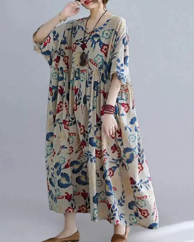 Casual Floral Printed Loose Fit O-neck Women Maxi Dress Fashionable Chiffon Maxi Dress Casual Floral Printed Loose Fit O-neck Women Maxi Dress Fashionable Chiffon Maxi Dress