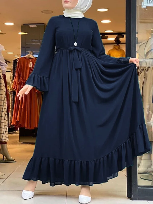 Casual Pure Color Flare Sleeve Lace-up Chiffon Loose Muslim Women Maxi Dress Cozy Open-Back Maxi Dress Casual Pure Color Flare Sleeve Lace-up Chiffon Loose Muslim Women Maxi Dress Cozy Open-Back Maxi Dress