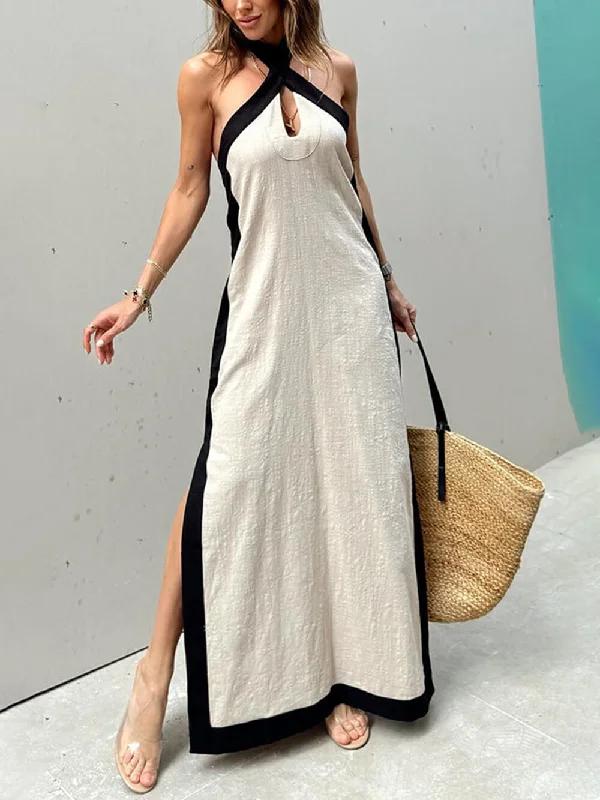 Color Block Halter Charming Neck Slit Maxi Dress Cozy Longline Maxi Dress