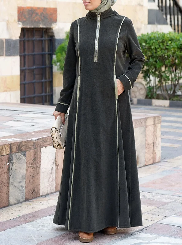 Corduroy Hooded Maxi Dress Stylish Maxi Dress with Frills