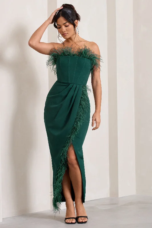 Cosmo | Bottle Green Bandeau Feather Corset Split Maxi Dress Elegant Maxi Dress with Pockets Cosmo | Bottle Green Bandeau Feather Corset Split Maxi Dress Elegant Maxi Dress with Pockets