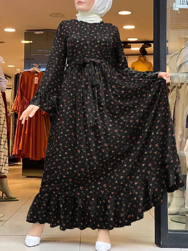 Ditsy Floral Print Ruffle Hem Swing Kaftan Belt Women Maxi Dress Cozy Cold-Shoulder Maxi Dress