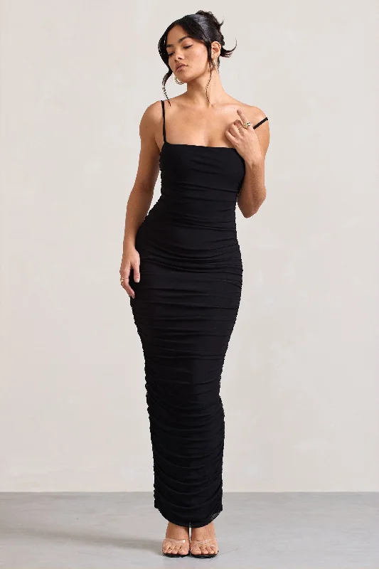Ellis | Black Ruched Mesh Strappy Bodycon Maxi Dress Cozy Knit Maxi Dress