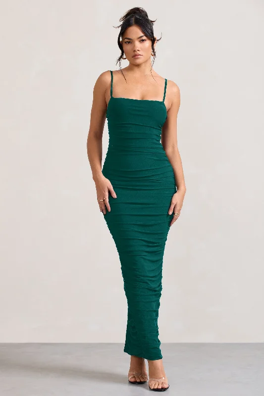 Ellis | Bottle Green Ruched Mesh Strappy Bodycon Maxi Dress Cozy Ribbed Maxi Dress
