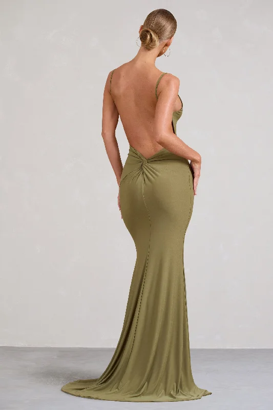 Endless Love | Olive Backless Knot Detail Fishtail Maxi Dress Trendy Maxi Dress with Lace Endless Love | Olive Backless Knot Detail Fishtail Maxi Dress Trendy Maxi Dress with Lace