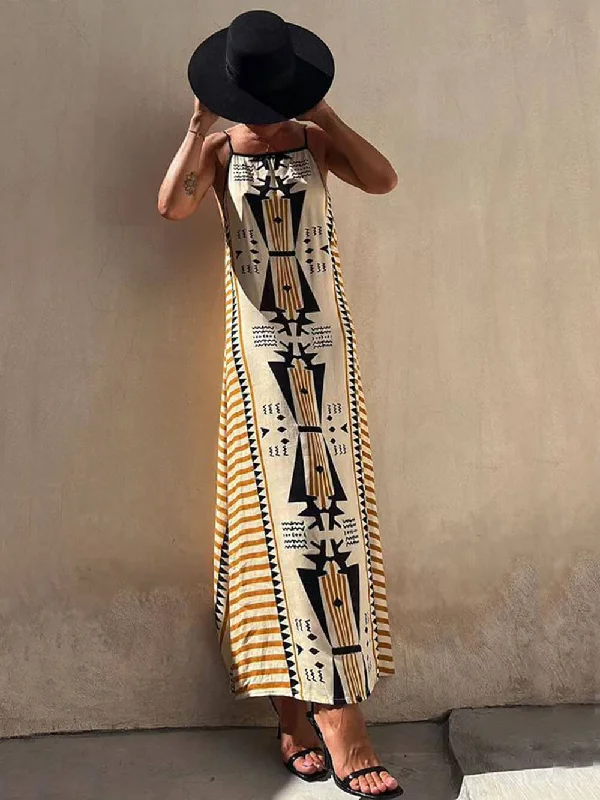 Ethnic Print Backless Charming A-line Maxi Dress Stylish Boho Chic Maxi Dress