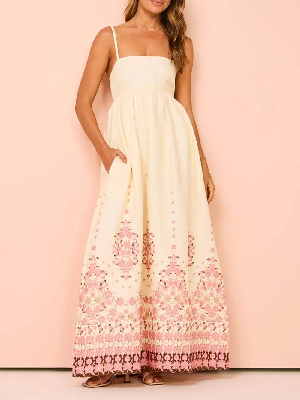 Ethnic Print Halter Charming Cream Extra Maxi Dress Comfortable Cotton Maxi Dress