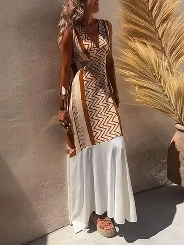 Ethnic Print Patchwork Charming A-line Maxi Dress Trendy Ruffled Maxi Dress