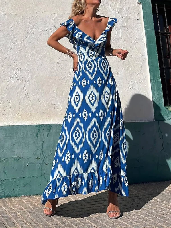 Ethnic Print Smocked Bust Graceful Ruffle Neck Maxi Dress Comfortable Plunging Neckline Maxi Dress Ethnic Print Smocked Bust Graceful Ruffle Neck Maxi Dress Comfortable Plunging Neckline Maxi Dress