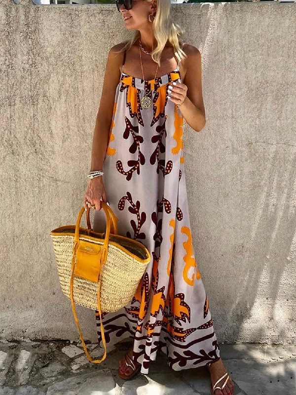 Ethnic Printed Loose Charming Cami Maxi Dress Comfortable Ruffle Hem Maxi Dress