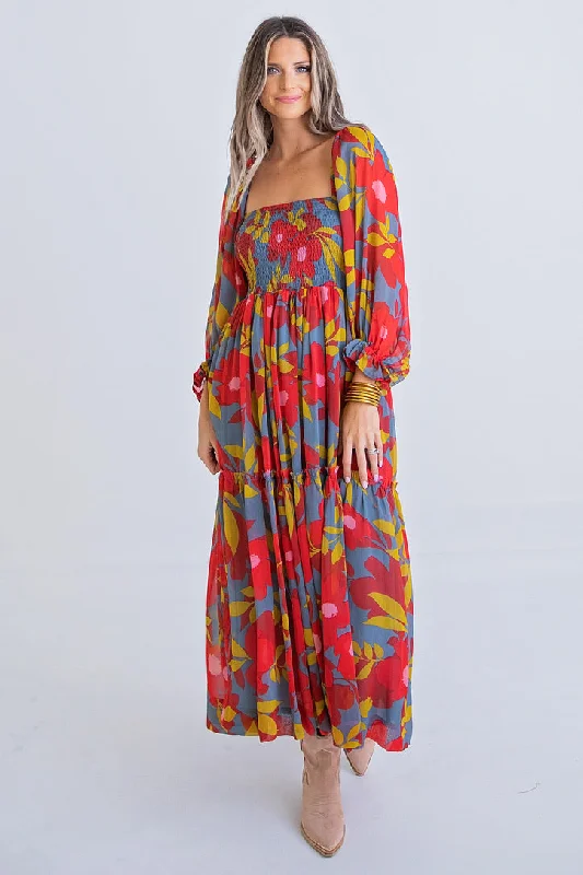 Floral Chiffon Smock Maxi Dress Fashionable Faux Wrap Maxi Dress