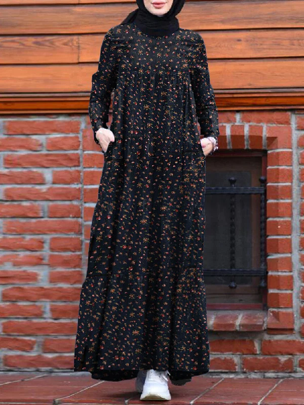 Floral Print O-neck Retro Casual Long Sleeve Layered Pockets Women Maxi Dress Elegant Sleeveless Maxi Dress Floral Print O-neck Retro Casual Long Sleeve Layered Pockets Women Maxi Dress Elegant Sleeveless Maxi Dress