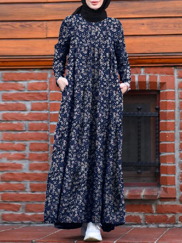 Floral Print Tiered O-neck Casual Pocket Women Maxi Dress Cozy Knitted Maxi Dress