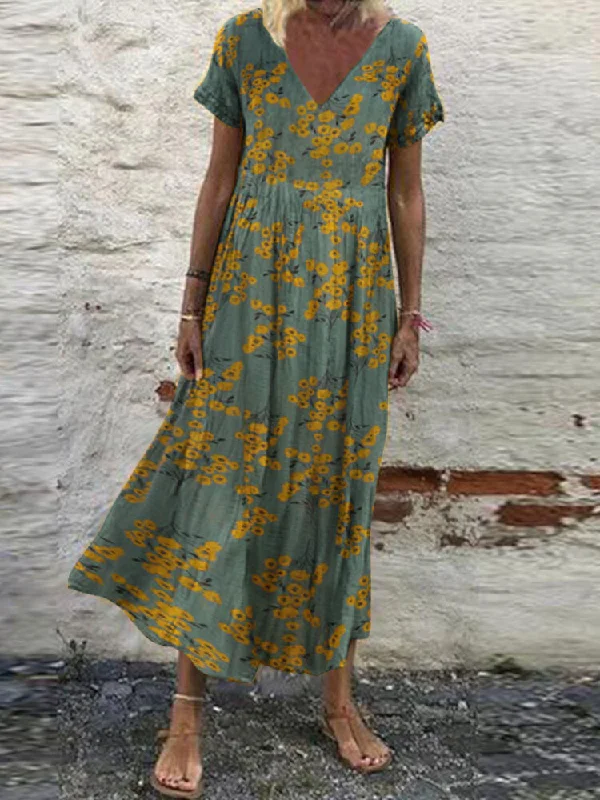 Floral Print V-neck Leisure Holiday Women Maxi Dress Fashionable Printed Maxi Dress