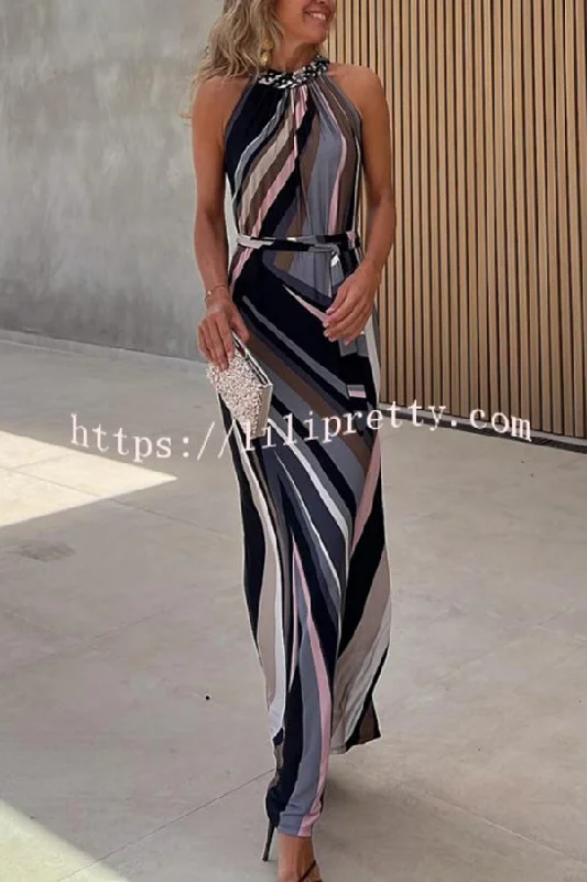 Flowing Elegance Colored Lines Printed Belt Halter Maxi Dress Trendy V-Neck Maxi Dress Flowing Elegance Colored Lines Printed Belt Halter Maxi Dress Trendy V-Neck Maxi Dress