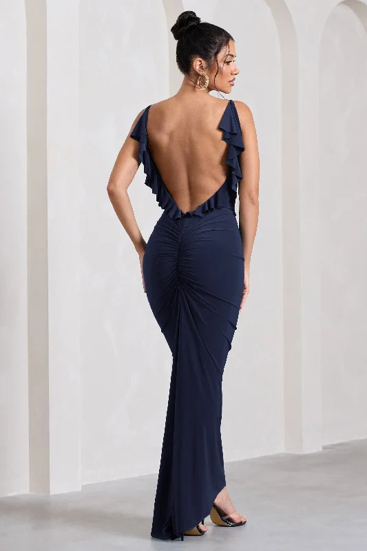 Flute | Navy Bodycon Maxi Dress With Ruched Ruffled Back Elegant Pleated Maxi Dress