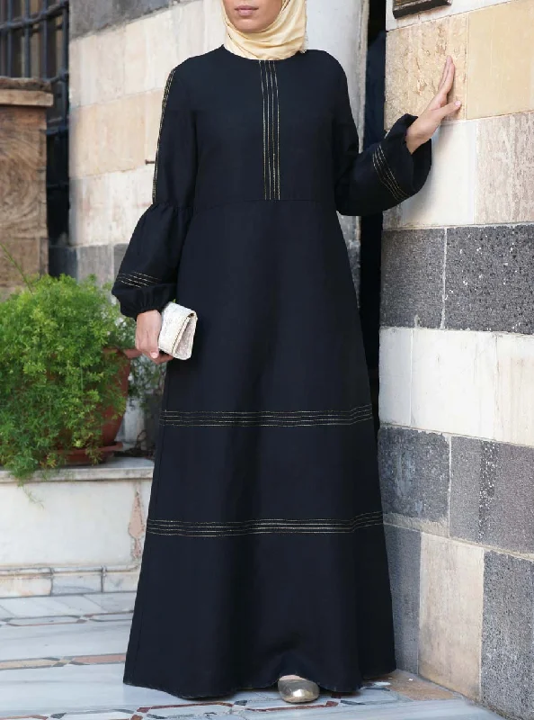 Gold Topstiched Linen Maxi Dress Comfortable T-Shirt Maxi Dress