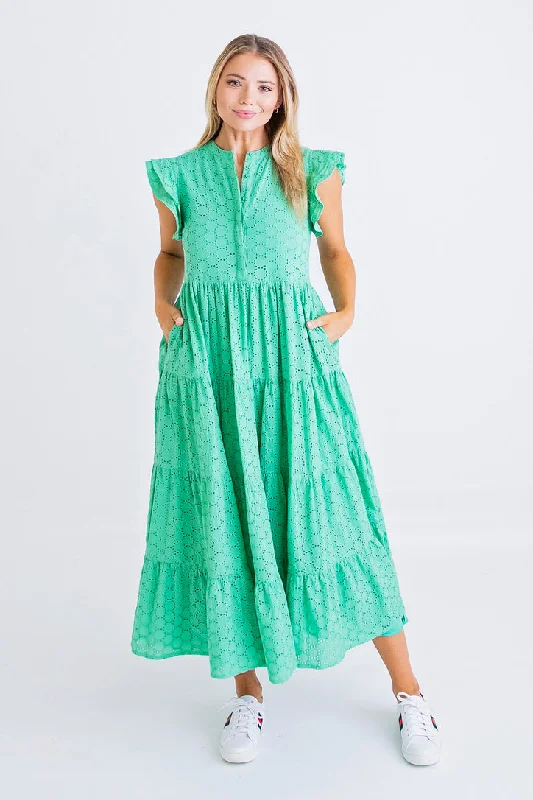 Green Eyelet Circle Tier Maxi Dress Classic Solid Maxi Dress