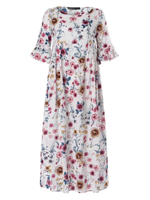 Half Sleeve O-neck Pleated Floral Print Vintage Women Maxi Dress Elegant Lace-Up Maxi Dress Half Sleeve O-neck Pleated Floral Print Vintage Women Maxi Dress Elegant Lace-Up Maxi Dress