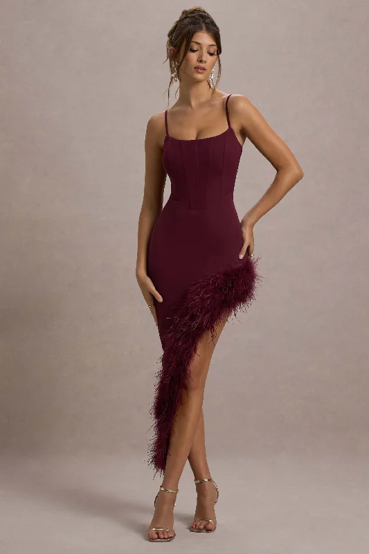 High Status | Burgundy Strappy Corset Asymmetric Maxi Dress With Feather Trim Stylish Button-Up Maxi Dress High Status | Burgundy Strappy Corset Asymmetric Maxi Dress With Feather Trim Stylish Button-Up Maxi Dress