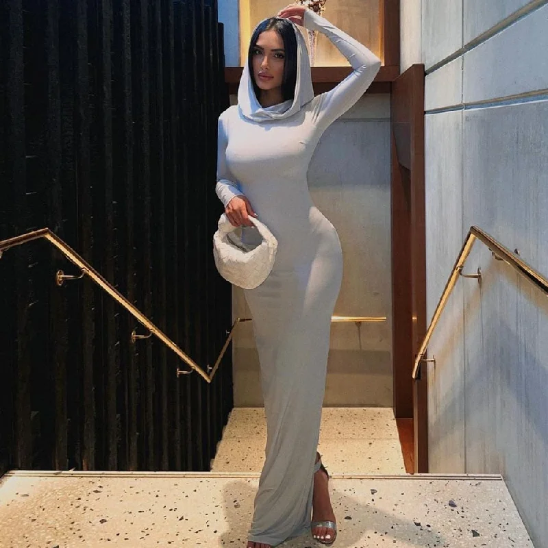 Zjkrl - Hooded Long Sleeves Fitted Dress for Women 2023 Elegant Sexy Back Slit Bodycon Maxi Dresses Street Style Trendy Maxi Dress with Belt Zjkrl - Hooded Long Sleeves Fitted Dress for Women 2023 Elegant Sexy Back Slit Bodycon Maxi Dresses Street Style Trendy Maxi Dress with Belt
