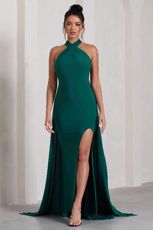 Intertwined | Bottle Green Halter-Neck Open-Back Split Maxi Dress With Scarf Detail Elegant Velvet Maxi Dress Intertwined | Bottle Green Halter-Neck Open-Back Split Maxi Dress With Scarf Detail Elegant Velvet Maxi Dress