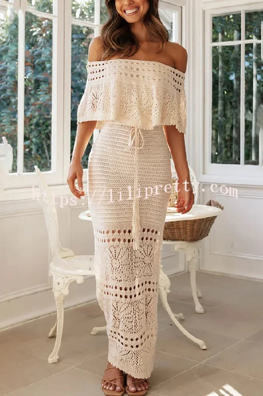 Lilipretty® Jolene Knit Crochet Texture Off Shoulder Drawstring Waist Maxi Dresses Chic Off-Shoulder Maxi Dress Lilipretty® Jolene Knit Crochet Texture Off Shoulder Drawstring Waist Maxi Dresses Chic Off-Shoulder Maxi Dress