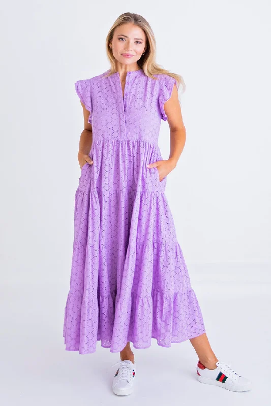 Lavender Eyelet Circle Tier Maxi Dress Cozy Open-Back Maxi Dress