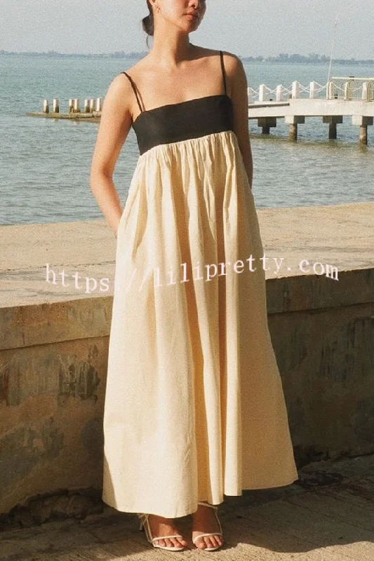 Linen Blend Sexy Sling Backless Contrast Maxi Dress Elegant Maxi Dress with Drapes