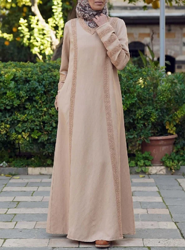 Linen Lace Maxi Dress Stylish Pleated A-Line Maxi Dress