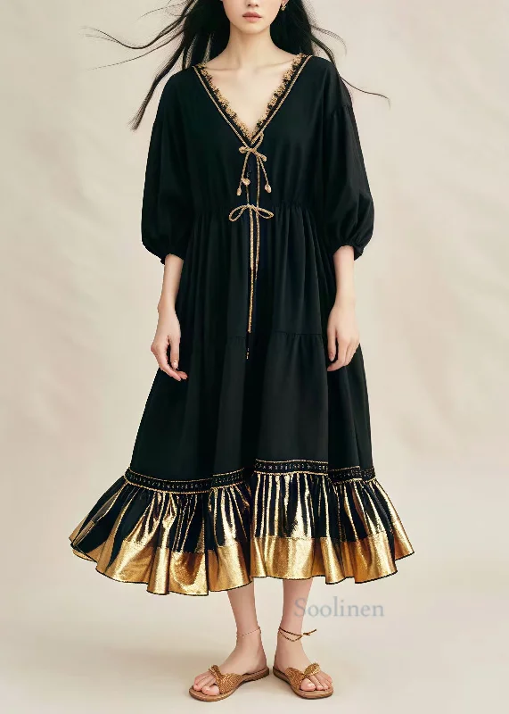 Loose Black V Neck Patchwork Cotton Maxi Dresses Summer Elegant Lace-Up Maxi Dress