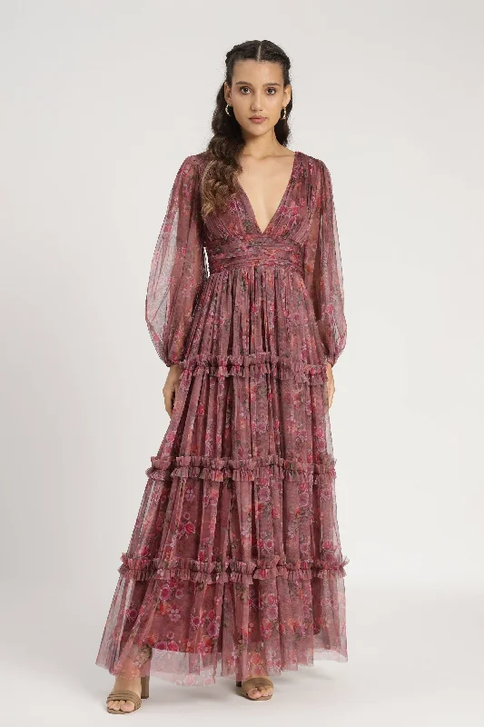 Lydia Maxi Dress in Purple Floral Elegant Maxi Dress with Lace