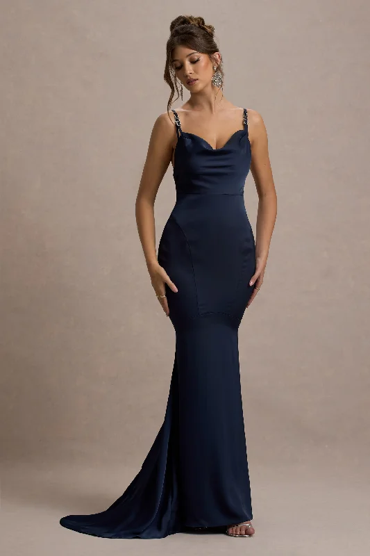 Made With Love | Navy Satin Strappy Fishtail Maxi Dress Fashionable High-Waist Maxi Dress Made With Love | Navy Satin Strappy Fishtail Maxi Dress Fashionable High-Waist Maxi Dress