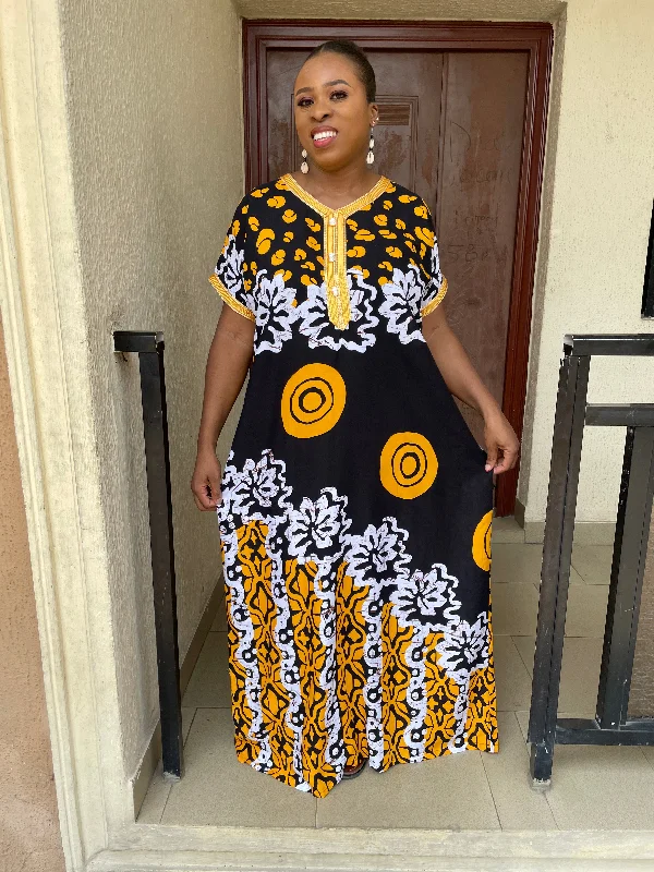 Efe Yellow and Black Maxi Dress Comfortable Plunging Neckline Maxi Dress
