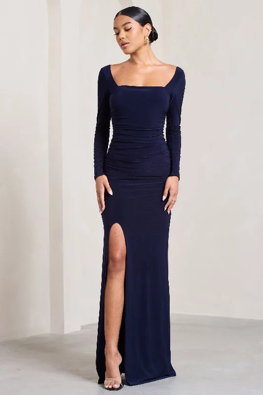 My Pleasure | Navy Square Neck Ruched Maxi Dress Comfortable Satin Maxi Dress