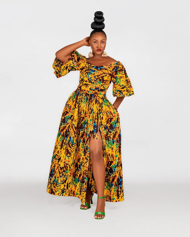 Nadia Ankara Off Shoulder Maxi Dress | Yellow Multicoloured African Print Chic Summer Maxi Dress Nadia Ankara Off Shoulder Maxi Dress | Yellow Multicoloured African Print Chic Summer Maxi Dress