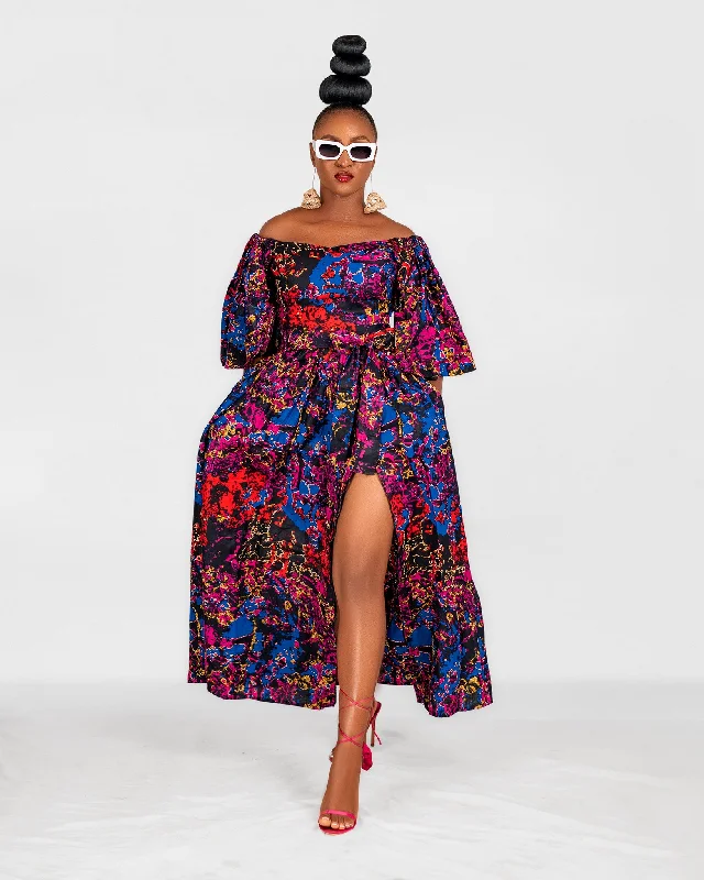 Nana Ankara Off Shoulder Maxi Dress | Blue and Pink Multicoloured African Print Fashionable Printed Maxi Dress Nana Ankara Off Shoulder Maxi Dress | Blue and Pink Multicoloured African Print Fashionable Printed Maxi Dress