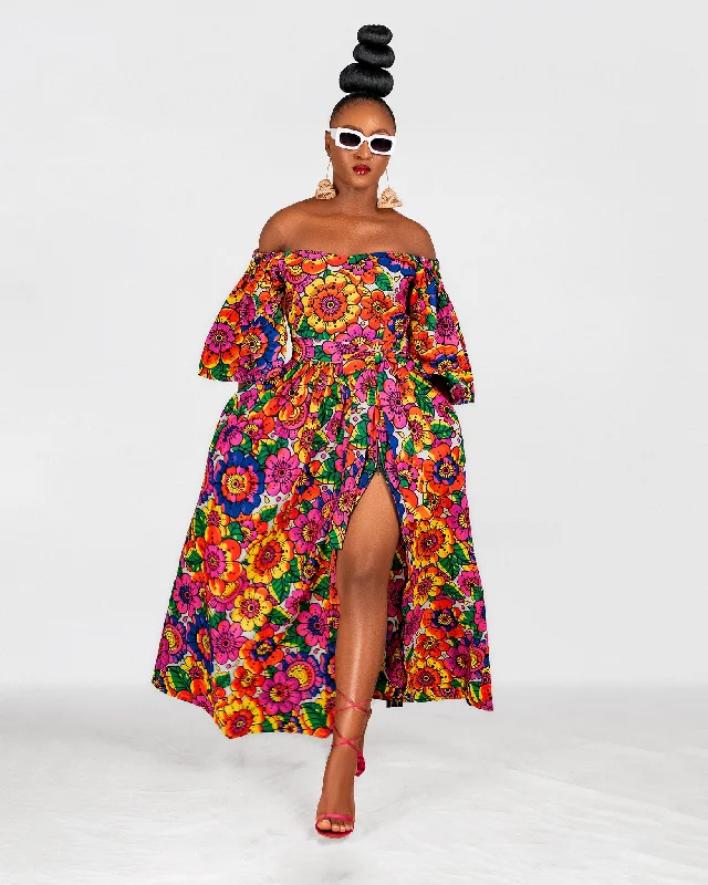 Naomi Ankara Off Shoulder Maxi Dress | Multicoloured African Print Trendy V-Neck Maxi Dress Naomi Ankara Off Shoulder Maxi Dress | Multicoloured African Print Trendy V-Neck Maxi Dress