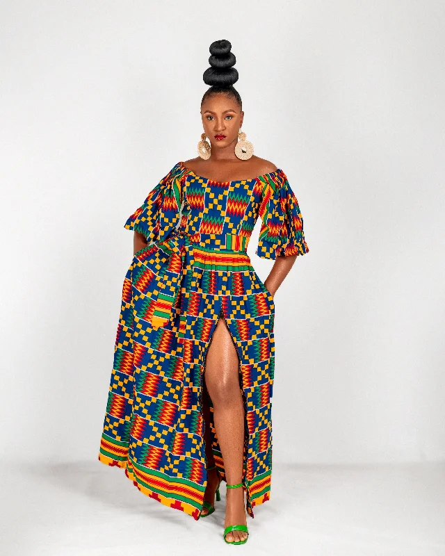 Nicole Ankara Off Shoulder Maxi Dress | Kente Multicoloured African Print Elegant Lace-Up Maxi Dress Nicole Ankara Off Shoulder Maxi Dress | Kente Multicoloured African Print Elegant Lace-Up Maxi Dress