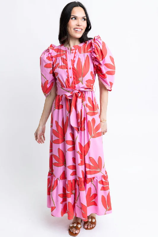 Satin Palm Floral Tie Waist Maxi Dress Chic Button-Up Maxi Dress