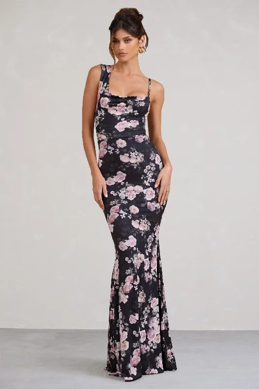 Phantasy | Black & Pink Floral Print Asymmetric Neckline Cowl Maxi Dress Stylish Off-Shoulder Maxi Dress Phantasy | Black & Pink Floral Print Asymmetric Neckline Cowl Maxi Dress Stylish Off-Shoulder Maxi Dress