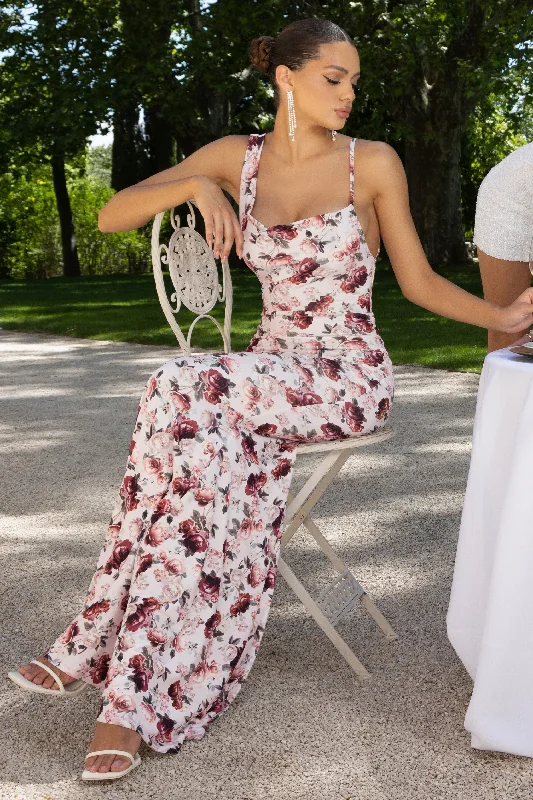 Phantasy | White Floral Print Asymmetric Neckline Cowl Maxi Dress Fashionable Off-Shoulder Maxi Dress Phantasy | White Floral Print Asymmetric Neckline Cowl Maxi Dress Fashionable Off-Shoulder Maxi Dress