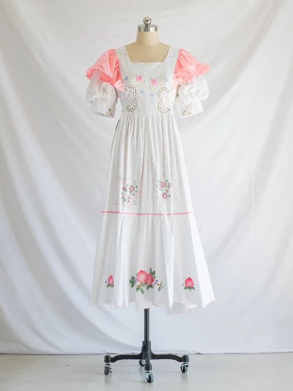 Re-design Upcycled Square Neck Peach Ruffles White Maxi Dress Comfortable Ruffle Hem Maxi Dress Re-design Upcycled Square Neck Peach Ruffles White Maxi Dress Comfortable Ruffle Hem Maxi Dress