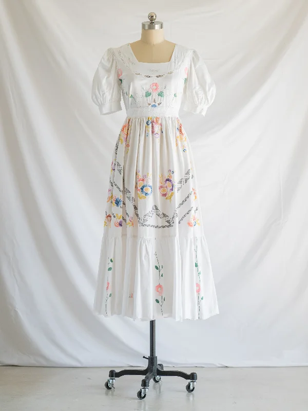 Re-design Upcycled Daisy Buttonhole Stitch Embroidery Maxi Dress Fashionable Chiffon Tiered Maxi Dress Re-design Upcycled Daisy Buttonhole Stitch Embroidery Maxi Dress Fashionable Chiffon Tiered Maxi Dress