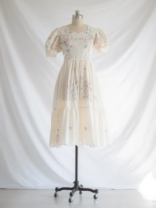 Re-design Upcycled Pink Rose Outline Embroidery White Maxi Dress Comfortable Ruffle Hem Maxi Dress Re-design Upcycled Pink Rose Outline Embroidery White Maxi Dress Comfortable Ruffle Hem Maxi Dress