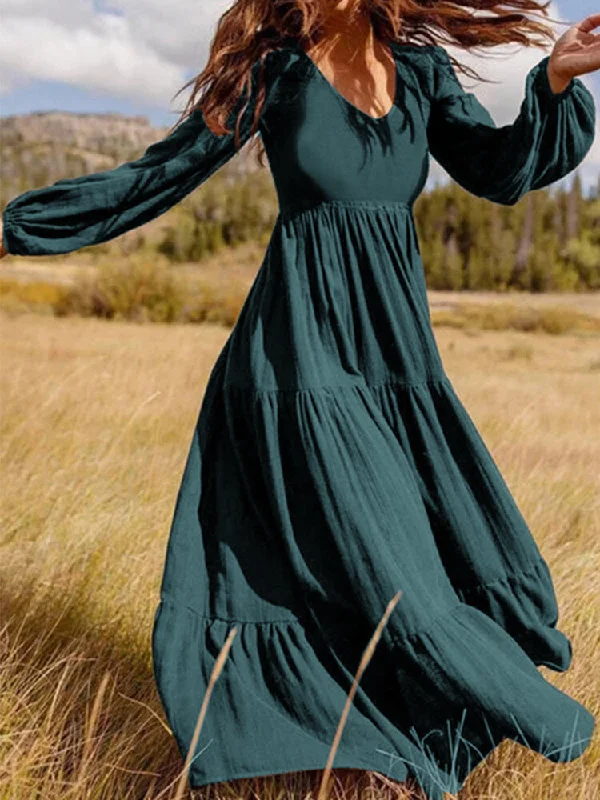 Retro Pure Color Back Zipper Puff Sleeve Loose Casual Women Maxi Dress Elegant Wraparound Maxi Dress Retro Pure Color Back Zipper Puff Sleeve Loose Casual Women Maxi Dress Elegant Wraparound Maxi Dress