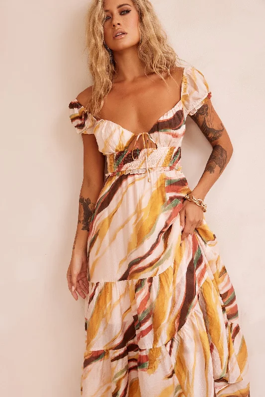 Ruffle It Up Maxi Dress - Yellow Multi Elegant Maxi Dress with Ruffles