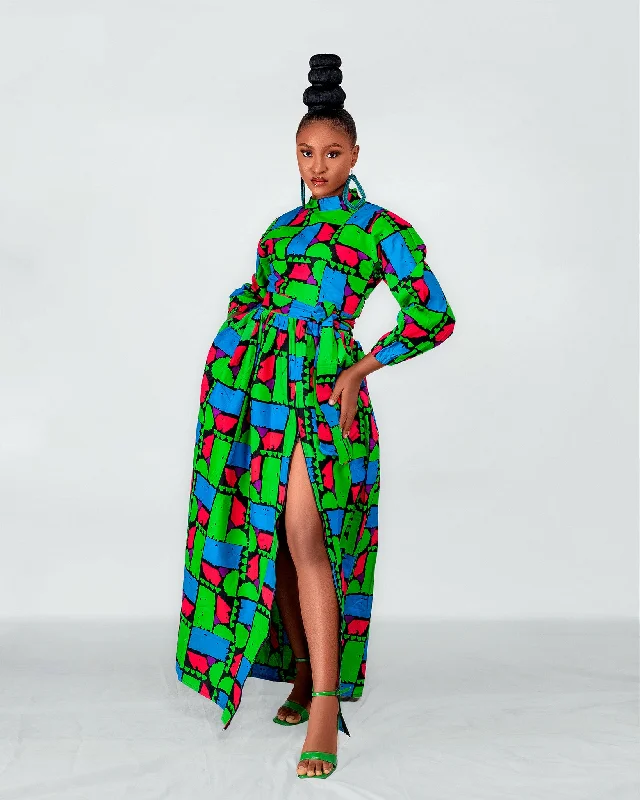 Rukky Ankara Maxi Dress | Green Red Multicoloured African Print Trendy Button Front Maxi Dress Rukky Ankara Maxi Dress | Green Red Multicoloured African Print Trendy Button Front Maxi Dress